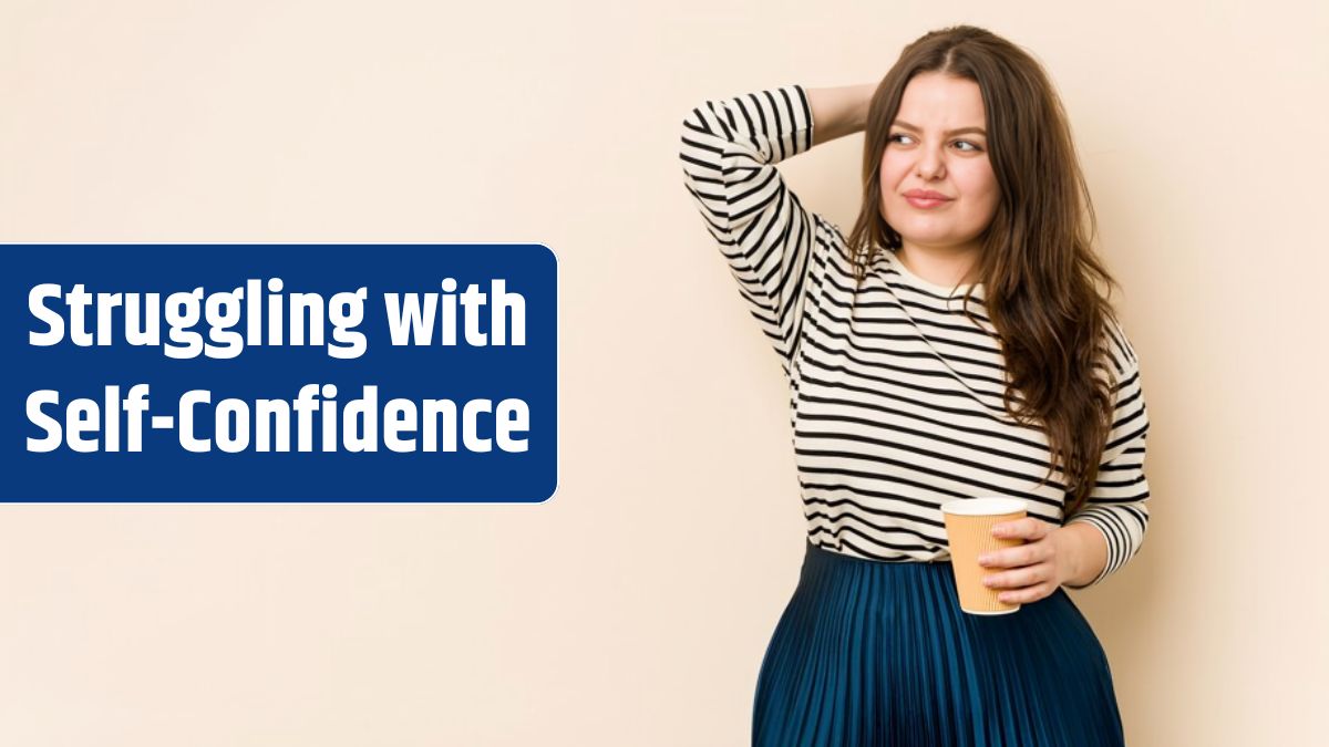 Young curvy woman holding a coffee touching back of head, thinking and making a choice.